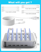 MSTJRY Charging Station for Multiple Devices : 5 Port Multi USB-A Charger Stations Multi-Device Organizer Charging Dock Designed for iPhone iPad Cell Phone Tablets (7 Short Cables Included), Silver