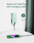 VEGER Portable Charger with Built-in AC Plug and Cables, All in One 10000mAh Ultra Slim Power Bank Travel Essentials, 15W Fast Charging Battery Pack Compatible with iPhone, Samsung, Android (Green)