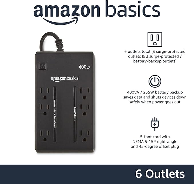 Amazon Basics UPS Battery Backup & Surge Protector 400VA/255W, 6 Outlets, Standby Uninterruptible Power Supply, for Power Outage Protection, Compact, Black