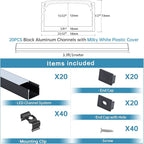 Muzata 20Pack 3.3FT/1M Plus-Size Spotless LED Channel Black LED Strip Diffuser Channel with Milky Frosted White Diffuser Cover U103 BW 1M