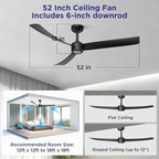 ocioc 52 Inch Ceiling Fans with Lights and Remote,Modern Ceiling Fan with Quiet Reversible DC Motor,6 Speeds,Timer,Dimmable, Black Ceiling Fan for Bedroom,Patios