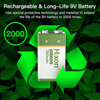 Hixon USB 9V Rechargeable Lithium Batteries - Long-Lasting 760mAh 9 Volt LI-ion Batteries with Type C Charging Cable - for Alarms Wireless Microphones Smoke Detectors Toys - 2 Pack