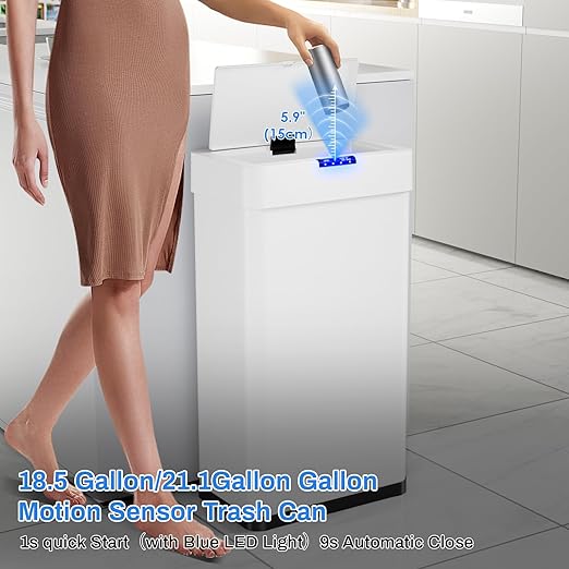 AthLike Sensor Trash Can, Touchless Motion Sensor Trash Bin, Smart Automatic Garbage Can with Soft-Close Lid, Bag Retainer Ring and Display Light,for Kitchen,Living Room Office (White, 18.5 Gal)