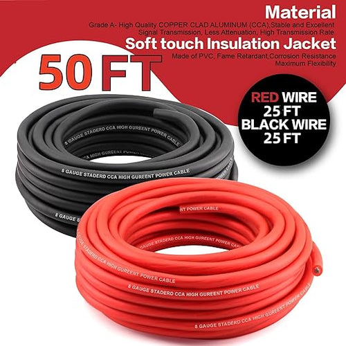 8 Gauge Wire (25ft Each - Red/Black) Copper Clad Aluminum CCA - Primary Automotive Wire,Car Amplifier Power & Ground Cable, 20PCS Lugs Terminal Connectors,60A ANL Fuse Block and Heat Shrink Tubing