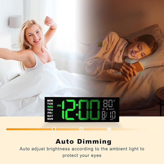 JALL 16" Large Digital Wall Mount Clock, Count Down Timer, Alarm, Big LED, RGB Color, DST, Temperature for Living Room Classroom Desk, Xmas, Birthday Gift for Senior Mom Dad (Green White, 16 inches)