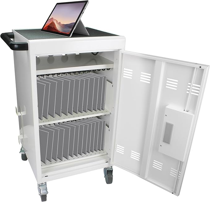 30-Device Mobile Charging Cart with Power Strip, Locks, Cable Management, Up to 16.3" Safe Charging Cabinet for Chromebooks, Tablets, Laptops. White with Code Lock