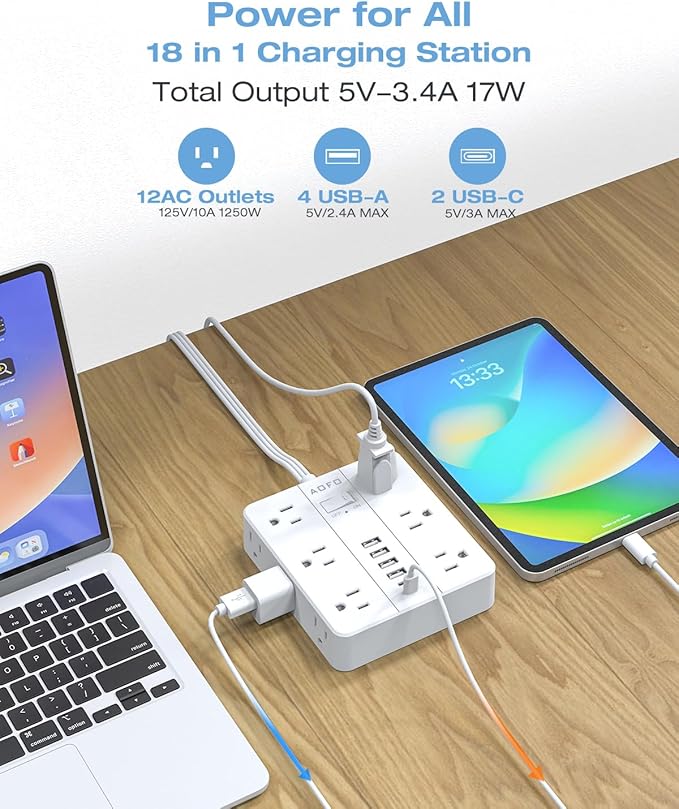 AOFO 20FT Surge Protector Power Strip,12 AC Outlets with 6 USB Ports (2 USB-C), Flat Plug Extension Cord with Multiple Outlets, Wall Mount for Home Office,Dorm, White