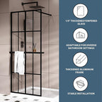 Goodyo 34" x 72" Shower Door Tempered Glass Shower Screen with Tool Bar Towel Rack for Walk in Bathroom 16-Grid Modern Design, Matte Black Finish
