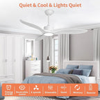 revoici 52 Inch White Ceiling Fan with Lights and Remote, Retro White Wood Low Profile Flush Mount Modern Ceiling Fan for Indoor Farmhouse Bedroom Living Room Outdoor Patio Porch, Reversible DC Motor
