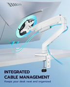 ARES WING Heavy Duty Single Monitor Arm - Fully Adjustable Monitor Mount for 17"-40" Ultrawide Screens Up to 26.4 lbs with Clamp/Grommet Desk Mount, 75/100 Vesa Mount, White