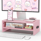 BONTEC Wooden Monitor Stand Riser, 2-Tier Desk Shelf with Storage Organizer, Ergonomic Computer Stand with Cable Management, Cellphone Holder, Pink, 16.5 Inch