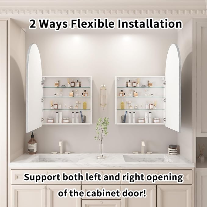 24x36 Inch Arch Bathroom Mirror Medicine,Cabinet,Brushed Silver Wall Mounted Bathroom Mirror with Storage,Adjustable Glass Shelves,Surface Mount Only,Mirrored Medicine Cabinets for Bathroom