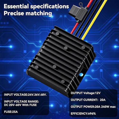 36V 48V to 12V 20A Step Down Converter-Golf Cart Voltage Reducer with Fuse|36V 48V to 12V Converter for Golf cart 20A 240W DC to DC Converter Waterproof for RV Accessories, Forklifts & Solar Systems