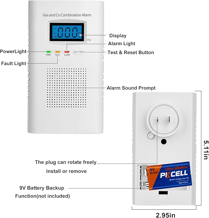 2 Pack Combination Gas & Carbon Monoxide Detectors - Plug in CO Alarm & Natural Gas Detector with Digital Display, CO Detector & Combustible Gas Detector for Home, Easy to Read