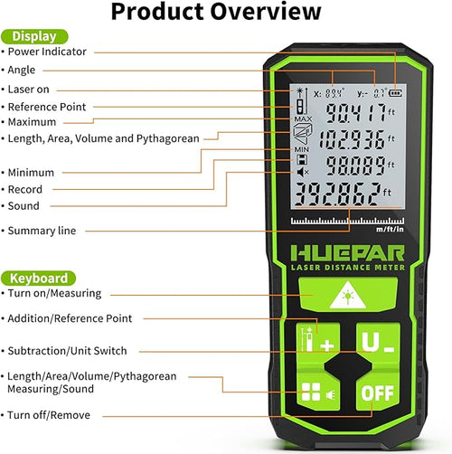 393FT Professional Green Laser Measuring Tool with Angle Sensor, Huepar 1/16in Accuracy Laser Distance Measurement Tool, Digital Laser Room Measuring Device, Laser Distance Meters