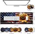 Ergonomic Keyboard Wrist Rest & Mouse Pad Wrist Rest Set, Large XXL Gaming Desk Mat 31.5"x 11.8" with Memory Foam, Easy Typing Pain Relief for Office & Home, American Flag Sunflower