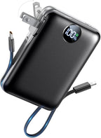 Portable Charger with Built in Cables & Wall Plug,10000mAh Power Bank, 4 Outputs,22.5W USB C Fast Charging,Slim Travel Essential Battery Pack with LED Display for iPhone 17/16/15/14 Series,Black