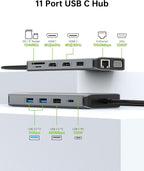 USB C Laptop Docking Station Dual Monitor HDMI for Dell HP 11 in 1 Type USB C Hub Triple Display Multiport Adapter Dongle to 2 HDMI 4K Ethernet 4 USB PD SD TF VGA for MacBook Lenovo Surface