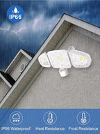 CLY 42W LED Security Lights Motion Sensor Light, 3600LM 5000K, IP66 Waterproof Outdoor Flood Lights, Adjustable Brightness 3 Head Floodlight Remote Control 4 Modes for Garage Yard Eave -White