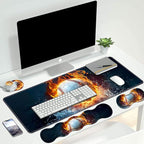 4 in 1 Ergonomic Keyboard Wrist Rest & Mouse Pad Wrist Rest Set, Large XXL Gaming Desk Mat 31.5"x 11.8" with Non-Slip Base, Memory Foam for Home Office Study Gaming, Burning Baseball Fire and Water