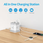 Power Strip with USB C, FDTEK Desktop Power Cube Strip, 10 FT Extension Cord with 4 Outlets and 3 USB, Compact Power Strips Tower for Travel Home Office Cruise Ship - White