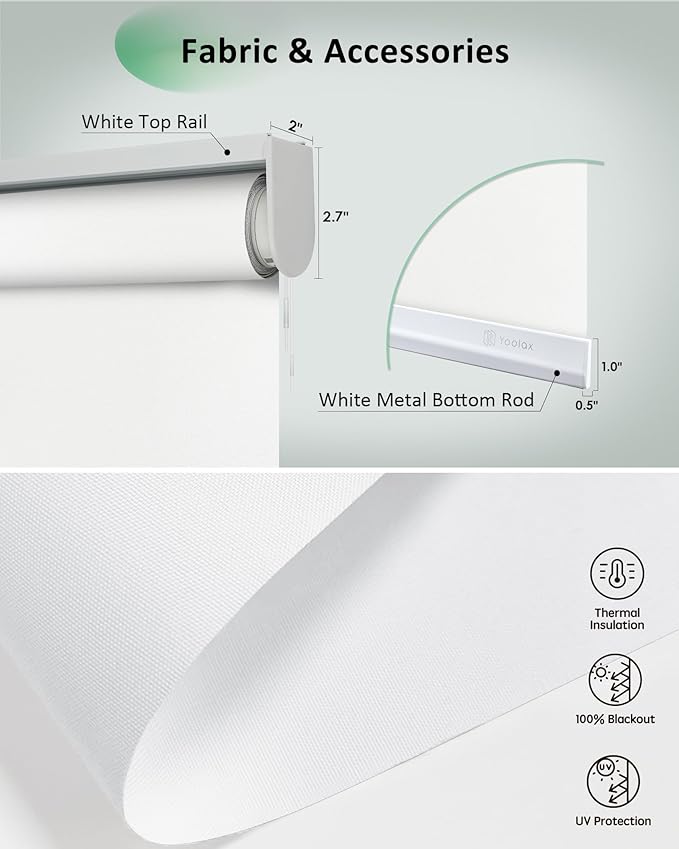 Yoolax Motorized Blinds App Control, Blackout Roller Shades for Windows, Cordless Automatic Shades Roller Window Blinds for Bedroom Living Room Office (Blackout Alpine White, 30" W x 72" H)