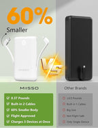 10000mAh Mini Portable Charger with Built in Cable, Pocket Size Power Bank Travel External Battery Pack for Phone, 3 Output USB Type C Cord Clutch Compatible with iPhone, Samsung, 2 Pack Black & White