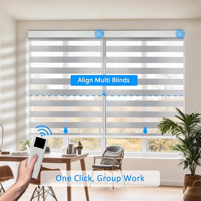COOLWINDS Motorized Zebra Blinds for Windows Cordless Electric Curtains with Remote Control Blackout Shades Custom Smart Blinds Compatible with Alexa Google Home(Light Filtering Grey,W44 X 72in)