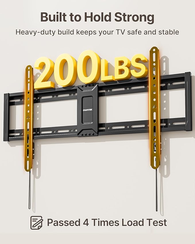 monTEK Heavy Duty Fixed TV Wall Mount for 43–95 Inch TVs, 1.1" Ultra Slim Low Profile Bracket, 200 lbs Capacity, Max VESA 800x400mm, Fits 16"/18"/24" Studs, Space-Saving for Large Flat & Curved TVs