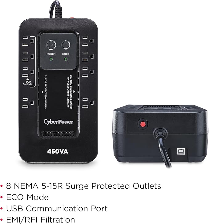 CyberPower EC450G Ecologic Battery Backup & Surge Protector UPS System, 450VA/260W, 8 Outlets, ECO Mode, Compact Uninterruptible Power Supply