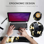 Keyboard Wrist Rest and Mouse Pad Wrist Support Set with Coasters,Non-Slip PU Base Ergonomic Gaming Mousepad for Home Office Working Studying Easy Typing & Pain Relief,Silver Golden Butterfly