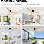 OUATER Wood Flush Mount Ceiling Fan with Light,52 inch Low Profile Modern Ceiling Fans for Outdoor/Patios/Bedroom/Office,3 color light,6 Speed,DC Motor,Wood and Modern Matte Black