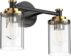 PHIXART Bathroom Lighting Fixtures Black and Gold Bathroom Vanity Light with Cylindrical Clear Stripes Glass Lampshade E26 Socket Base Bathroom Lighting Fixtures Over Mirror (2 Lights)