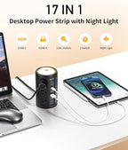 AnnTane Power Strip Tower with Night Light, Power Strip Surge Protector with USB Ports, Extension Cord 10 FT with Multiple Outlets (12AC+3A+2C) for Home Office Desk DormRoom (Black)
