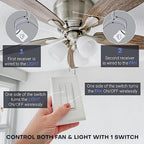 RunLessWire Fan & Light Battery-Free DIY Wireless Light Switch Kit 150ftRF Range Kinetic for Bathrooms & Ceiling Fans: 1 Dual Remote Switch Controls 2 5A On/Off Receivers Separately – White