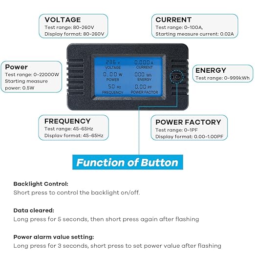 AC 80-260V 100A Multi-Function Power Monitor LCD Digital Display Voltage Current Frequency Power Factor Energy Meter Ammeter Voltmeter with Split Core Current Transformer