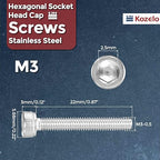 Kozelo 40pcs Socket Head Cap Screws - [M3-0.5 x 22mm] 304 Stainless Steel Allen Socket Drive for Electrical Motor 3D Printing Fan Engine Replacement Use, Silver