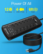 Witeem Surge Protector Power Strip - 12 Outlets,4 USB 6A Ports, 6Ft Extension Cord, 1875W/15A, 4360Joules, Overload Protection - Ideal for Home & Office Use (Black-USB6A)