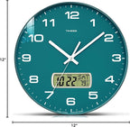TIMESS Wall Clock, 12" Dial Non-Ticking Silent Battery Operated Analog with LCD Display for Perpetual Calendar and F° Temperature, Ideal Modern Home, Bedroom, Kitchen, Office Decor (Green)