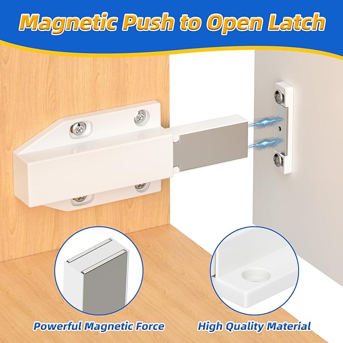 Magnetic Push to Open Jiayi Push Release Magnet Cabinet Door Latch, Push Open Drawer Catch for Large Door, Push in Door Unlock Kitchen Spring Opening Press Out Push Magnetic Latches (White, 4 Pack)