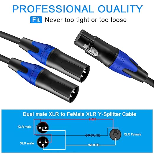 1 Male to 2 Female XLR Y Splitter Micrphone Cable,(11.8 inches / 2 Pack) 3pin Male to Dual Female Y-Splitter Balanced Mic Audio Cables for Stereo Mic to L & R Audio Track