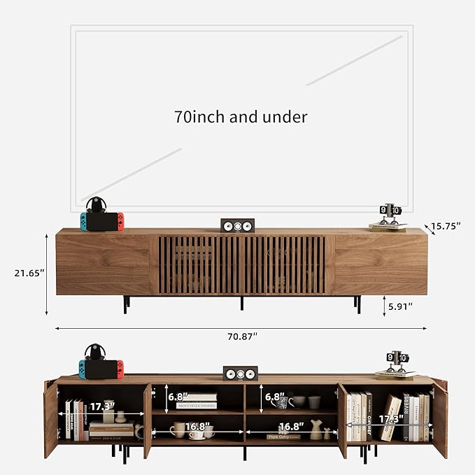 gaoyangjiaju Modern Walnut TV Console for 70 Inch Screen – Long 70.87” Media Unit with Grille Doors and Drawers, Great for Living Rooms & Bedrooms