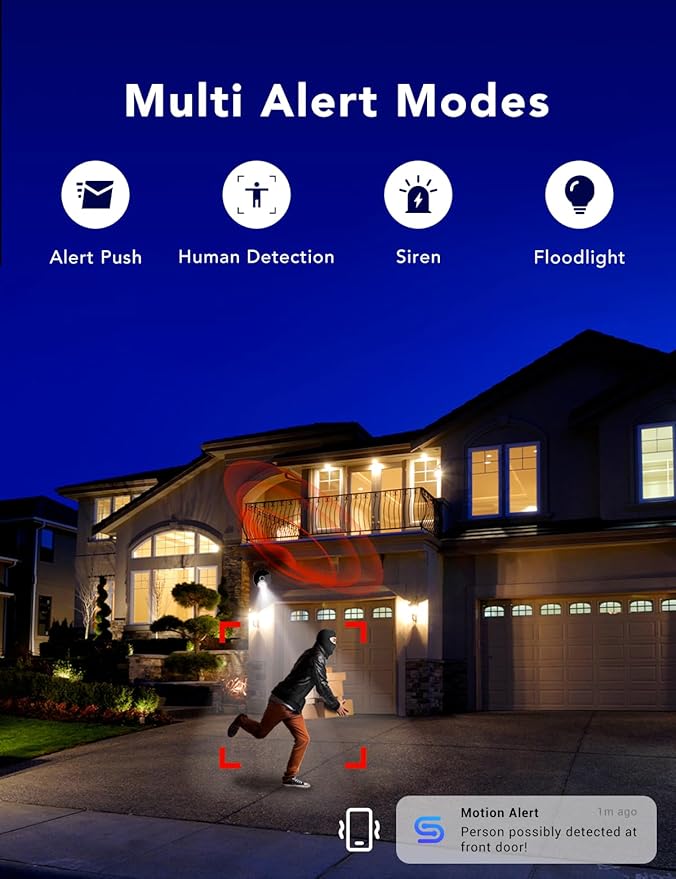 FAMVIVA 2K Security Camera, Outdoor/Indoor for Home, Pet, Baby, Nanny, IP65 Waterproof Color Night Vision, White Light & Siren, Recording, Motion Detection, Compatible with Alexa,Black-4P