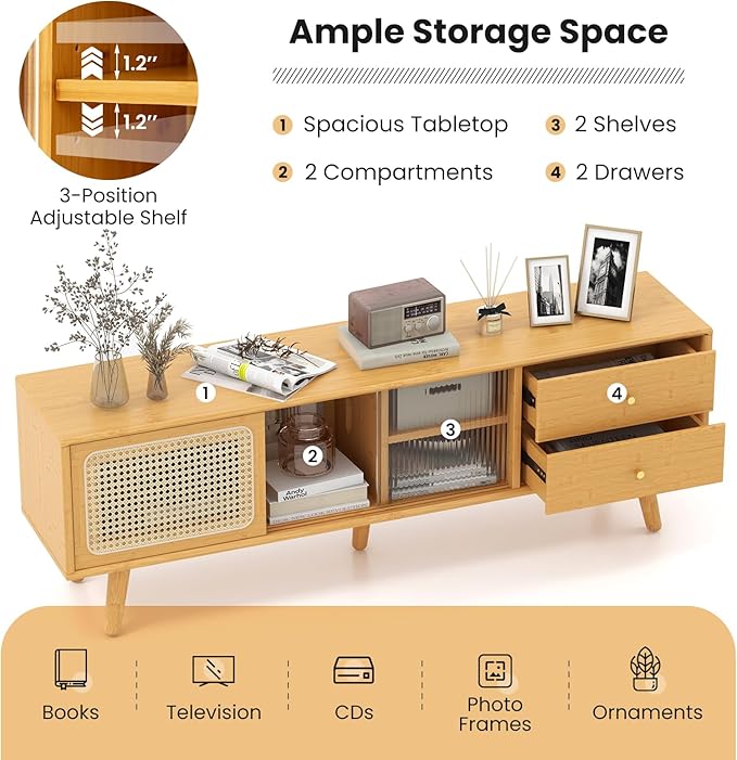 Giantex Mid Century Modern TV Stand for TVs up to 65", Wood Entertainment Center with Open Storage Shelves, PE Rattan Sliding Doors & Drawers, Media TV Console Table for Living Room (Natural)