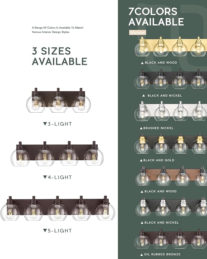 METWET Bathroom Light Fixtures Over Mirror, 3-Light Oil Rubbed Bronze Vanity Light with Clear Glass Globe Shade, Modern Sconces Wall Lighting, Bathroom Wall Lights for Bedroom Hallway, VL195-ORB-3