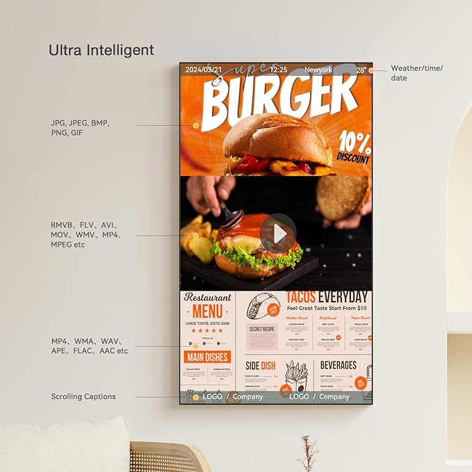 Canlarriz Digital Signage Display 40 inch Wall Mount Digital Menu Board for Restaurants and Stores Advertising Screen 1000 nits Ultra-High Brightness 4K UHD Free Web Content Editor Android 4GB + 32GB