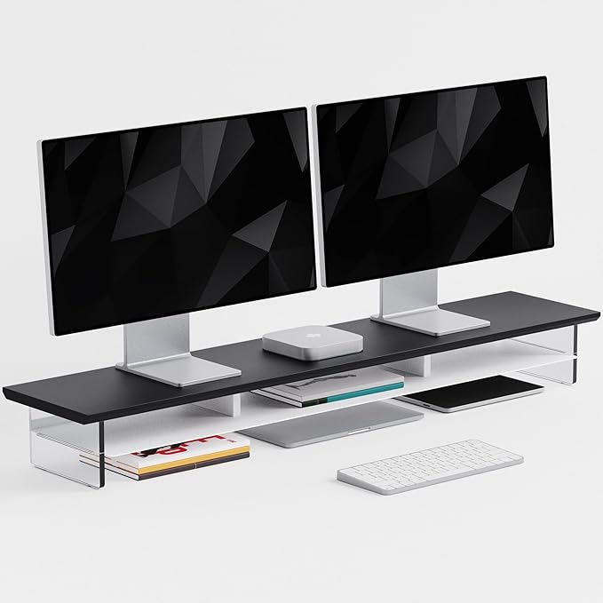 FENSULN Dual‑Tier Monitor Stand for Modern Desk Setup – Minimalist Wooden and Metal Riser Shelf with Transparent Acrylic Feet for Dual Monitors, Laptops, Home Office Aesthetic，Black and White