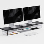 FENSULN Dual‑Tier Monitor Stand for Modern Desk Setup – Minimalist Wooden and Metal Riser Shelf with Transparent Acrylic Feet for Dual Monitors, Laptops, Home Office Aesthetic，Black and White