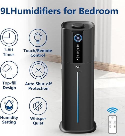 9L Smart Humidifiers for Bedroom Large Room, 2.3Gal Cool Mist Top Fill Diffuser App & Remote Control, 3 Mist Modes, Quiet Humidifier for Home Office Plant (Black)