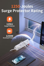 6.5 FT Desk Clamp Power Strip with 5 AC Outlets & 6 USB Ports PD 40W USB-C Fast Charging, 1250J Surge Protector, Fits 2.1 in top Edge White